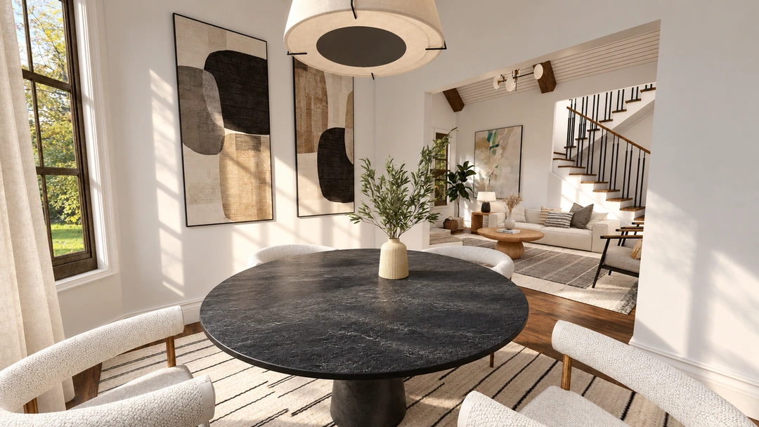 Round dining table beside a curving staircase — San Antonio, TX, Studio Dalika; project view 11