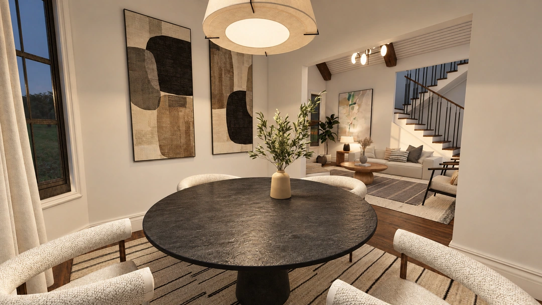 Round dining table with a living room beyond at night — San Antonio, TX, Studio Dalika; project view 12