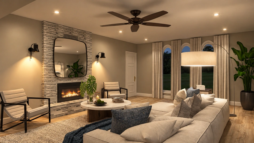 Living room and fireplace beneath a dark ceiling fan — Houston, TX, Studio Dalika