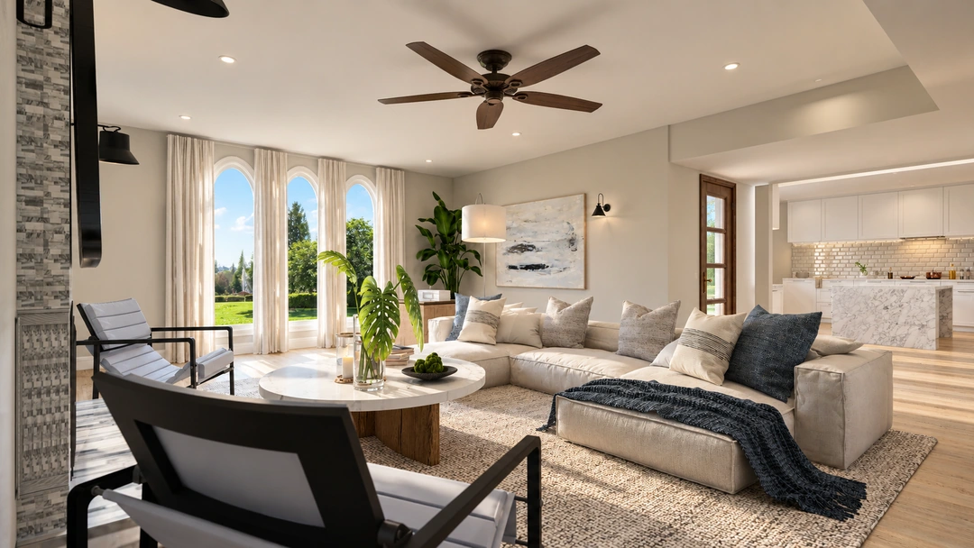 Living room and white fireplace in daylight — Houston, TX, Studio Dalika; project view 4