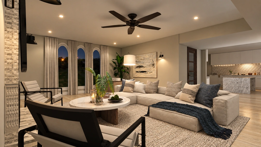 Living room and adjoining kitchen at night — Houston, TX, Studio Dalika; project view 5