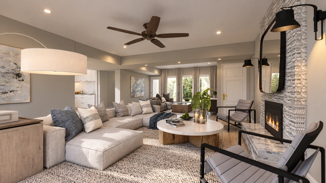 Pale sofa and fireplace beside a breakfast bar — Houston, TX, Studio Dalika; project view 6