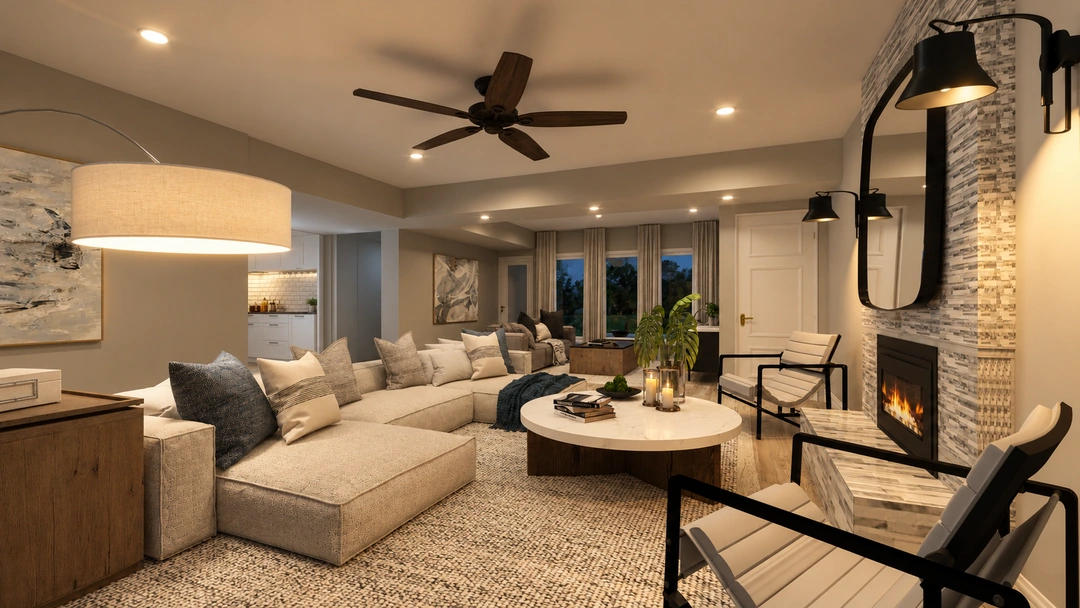 Living room with a ceiling fan at night — Houston, TX, Studio Dalika; project view 7