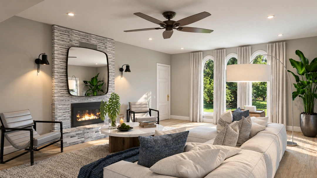 Living room seating and white fireplace in daylight — Houston, TX, Studio Dalika; project view 8