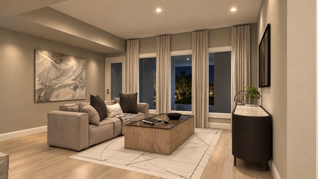 Living room with a ceiling fan at night — Houston, TX, Studio Dalika; project view 10