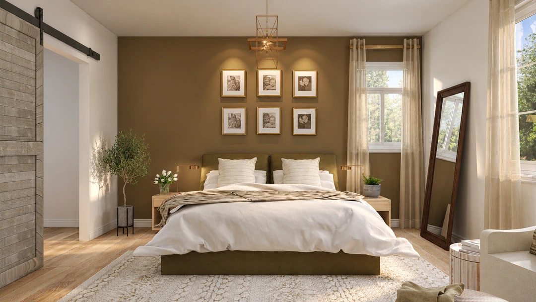 Bedroom with a low bed and picture grouping — Hollywood, FL, Studio Dalika