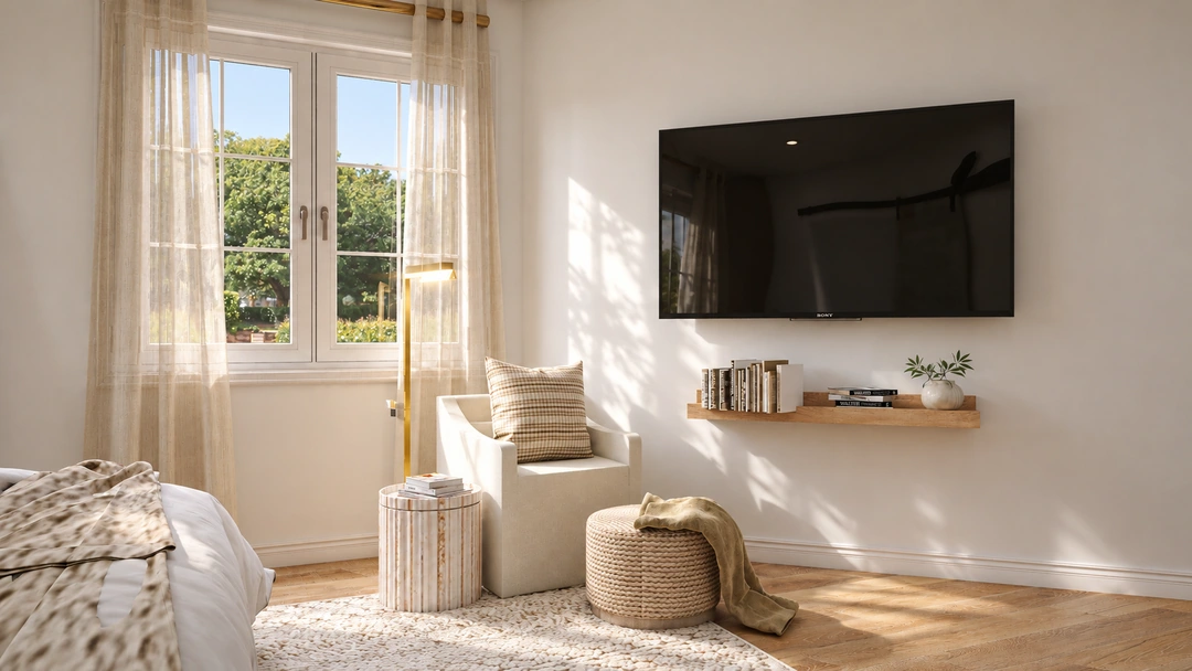 Bedroom seating area and media wall in daylight — Hollywood, FL, Studio Dalika; project view 3