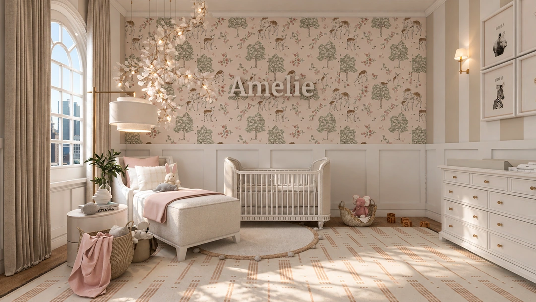 Floral nursery with white cabinetry and an arched window — Chicago, IL, Studio Dalika