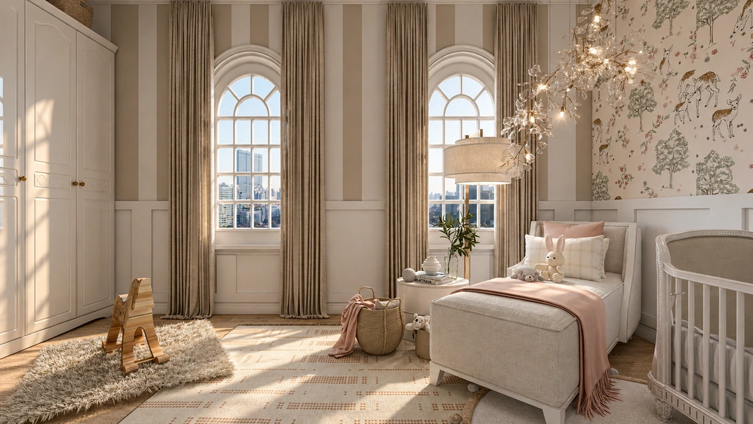 Nursery with crib and pale upholstered chair — Chicago, IL, Studio Dalika; project view 3
