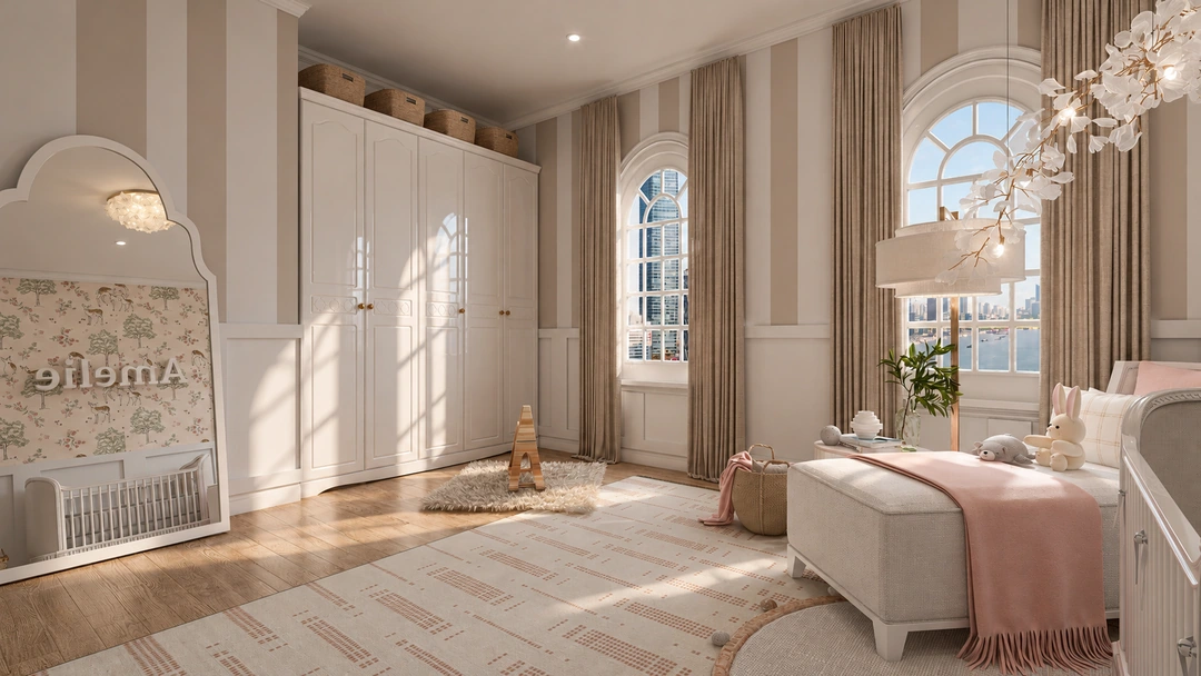 Nursery wardrobe beside a draped arched window — Chicago, IL, Studio Dalika; project view 4