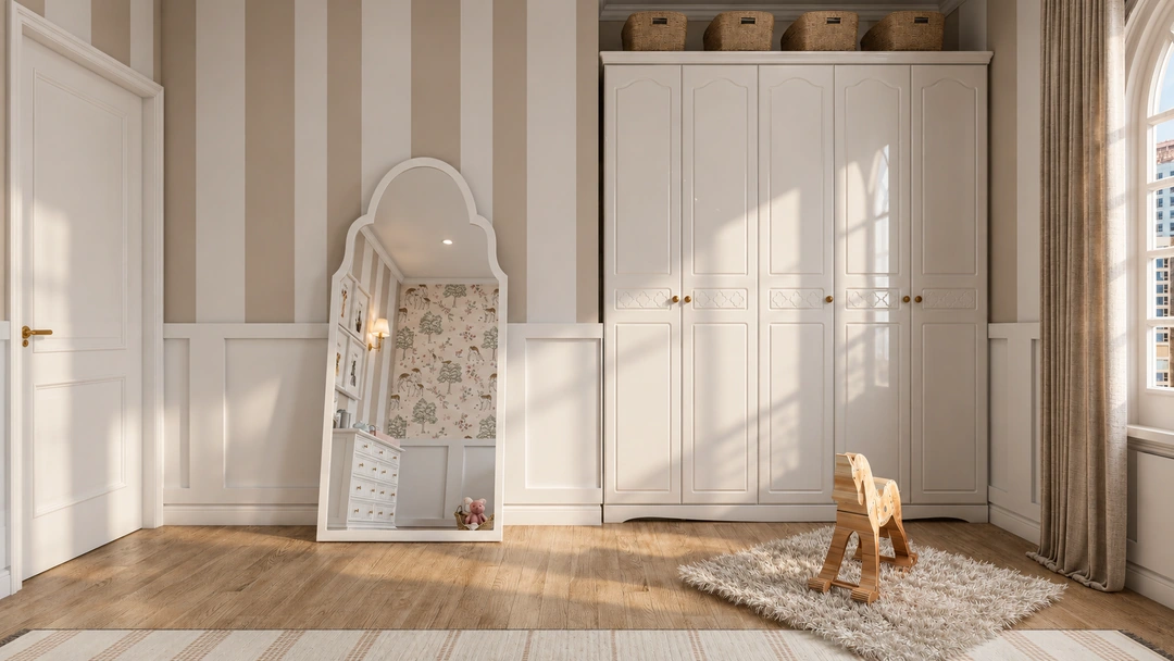 Nursery window seating and white cabinetry — Chicago, IL, Studio Dalika; project view 5