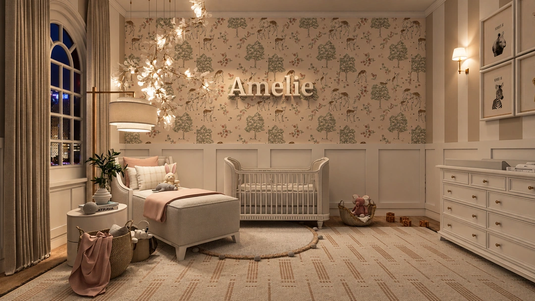 Nursery with a pink sofa at night — Chicago, IL, Studio Dalika; project view 7