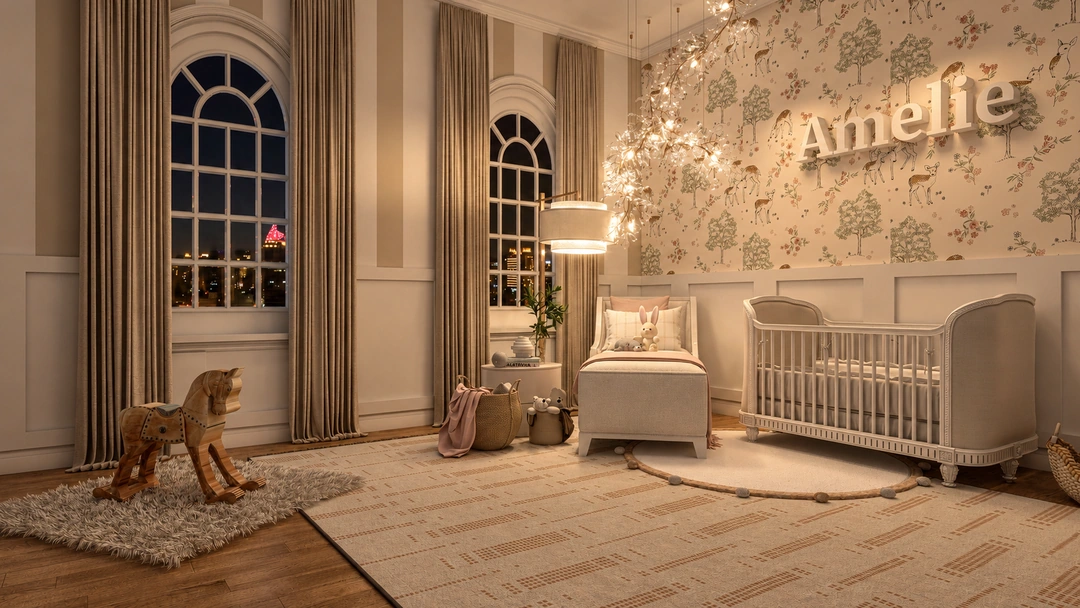 Nursery with floral wallpaper and a crib at night — Chicago, IL, Studio Dalika; project view 8