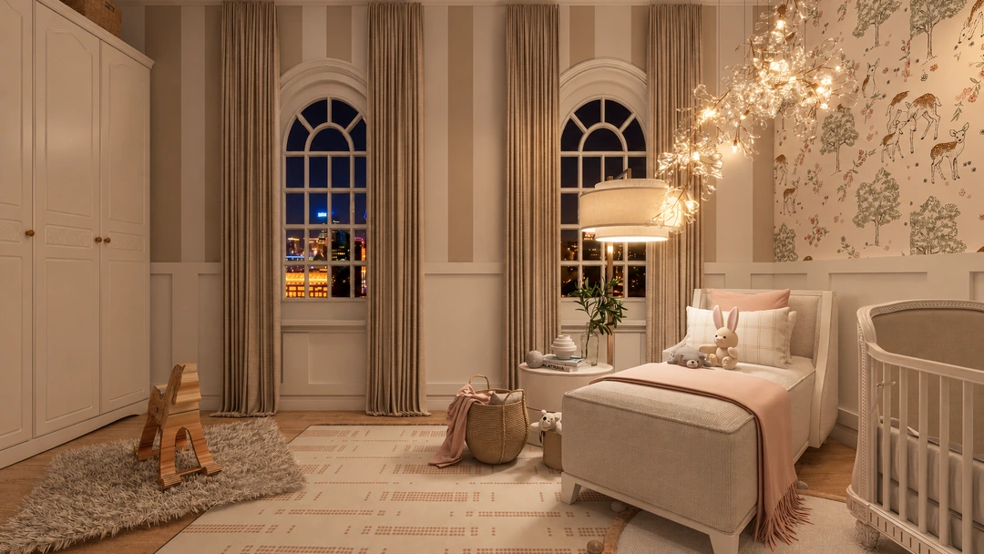 Nursery with a crib and reading chair at night — Chicago, IL, Studio Dalika; project view 9