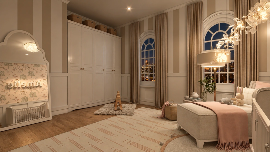 Nursery cabinetry and window seating at night — Chicago, IL, Studio Dalika; project view 10