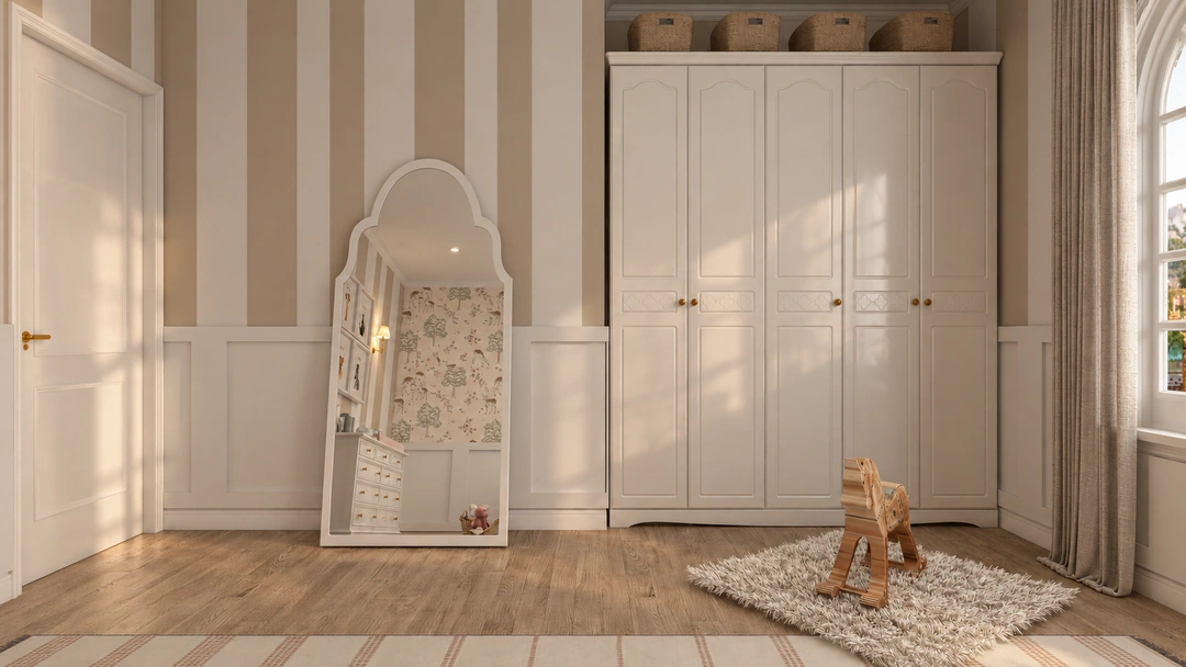 Nursery wardrobe and chandelier in daylight — Chicago, IL, Studio Dalika; project view 11