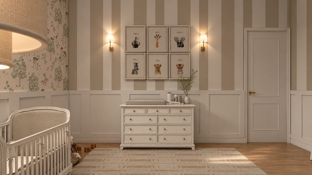 White nursery cabinetry and circular ceiling detail — Chicago, IL, Studio Dalika; project view 12