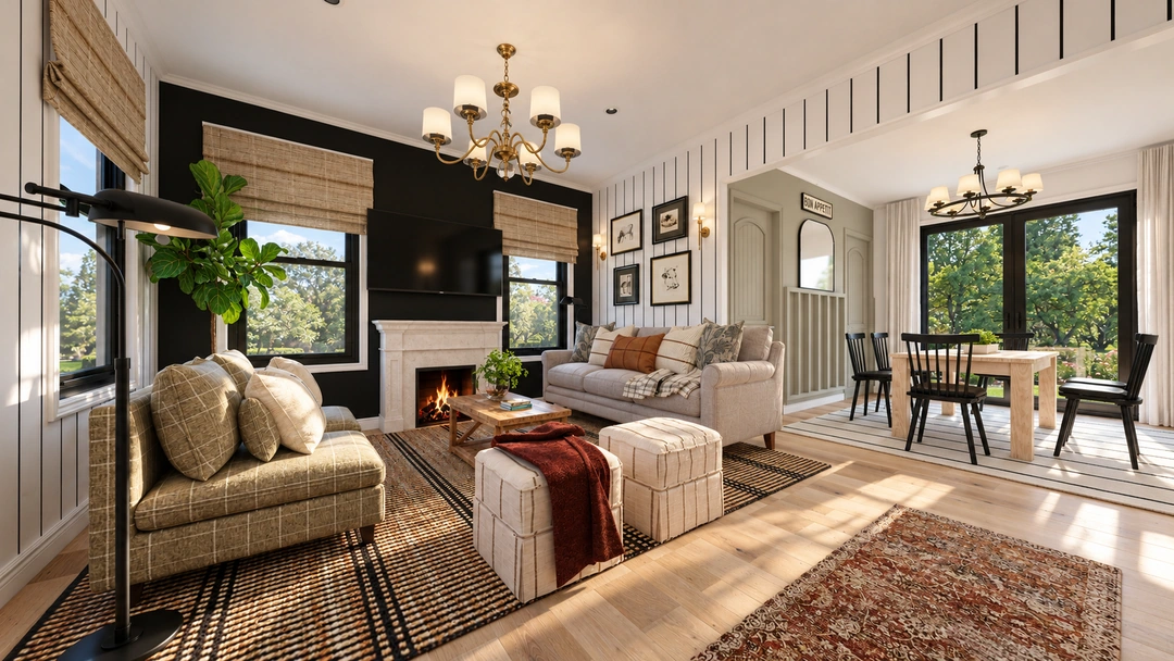 Living room with a dark fireplace wall — Ashburn, VA, Studio Dalika