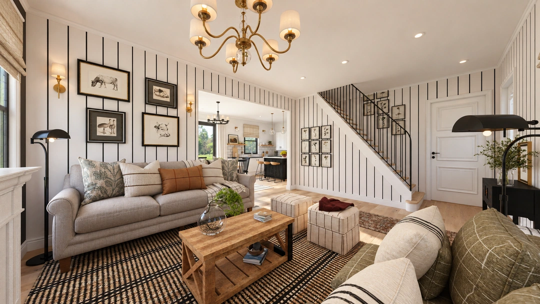 Living room and gallery wall beneath a staircase — Ashburn, VA, Studio Dalika; project view 3