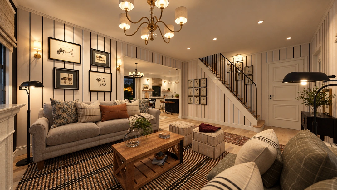 Dining table overlooking a living room at night — Ashburn, VA, Studio Dalika; project view 4