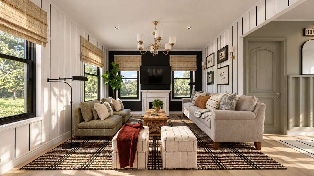 Living room with pale sofas and colorful accents — Ashburn, VA, Studio Dalika; project view 5