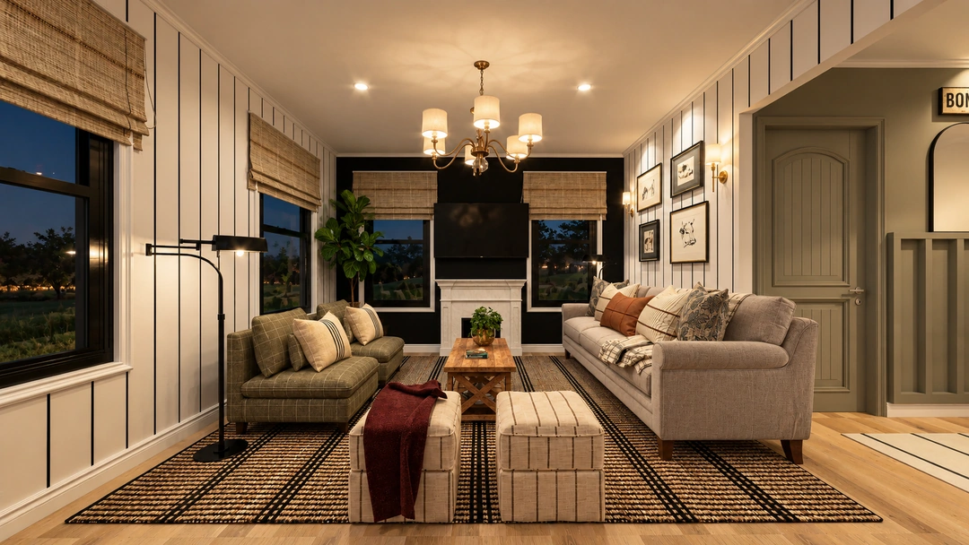 Living room and patterned rug at night — Ashburn, VA, Studio Dalika; project view 6