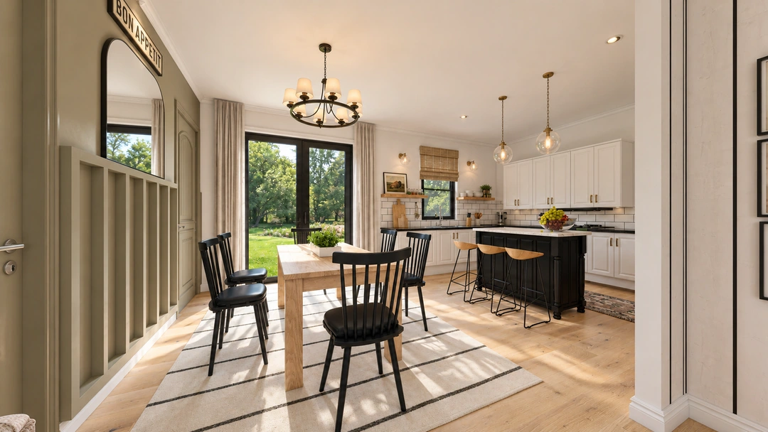 Kitchen and dining area beside broad windows — Ashburn, VA, Studio Dalika; project view 7
