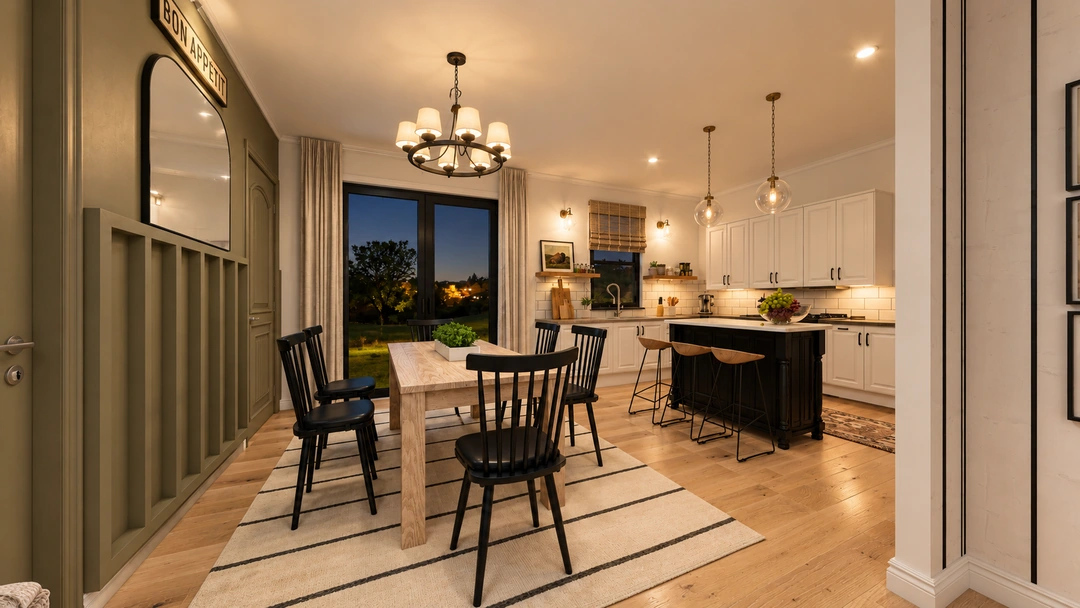 Dining room with a chandelier at night — Ashburn, VA, Studio Dalika; project view 8