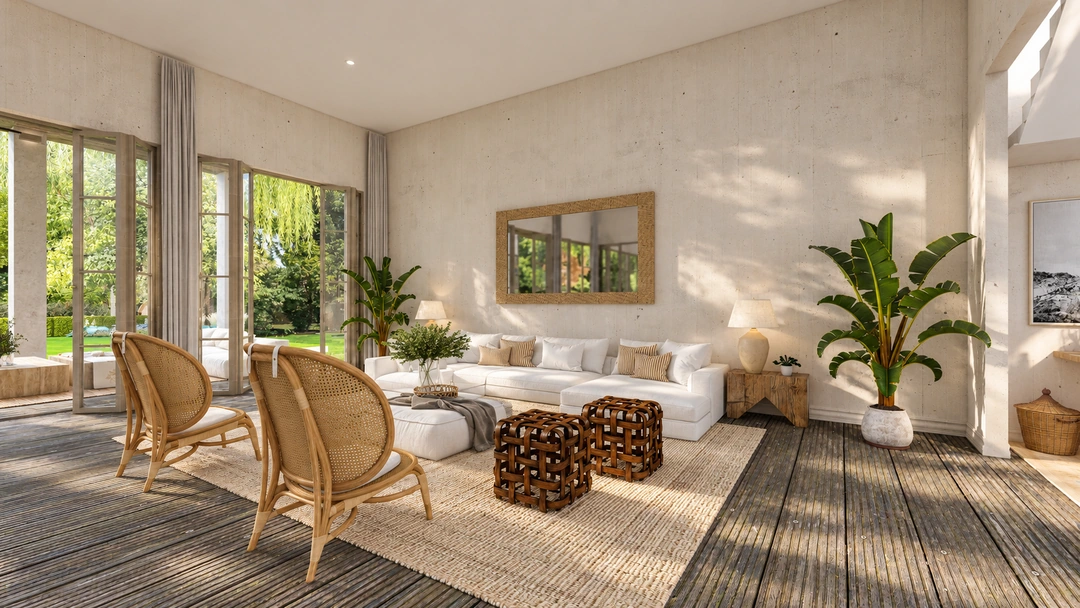 Light-filled living room and woven dining chairs — Rancho Palos Verdes, CA, Studio Dalika