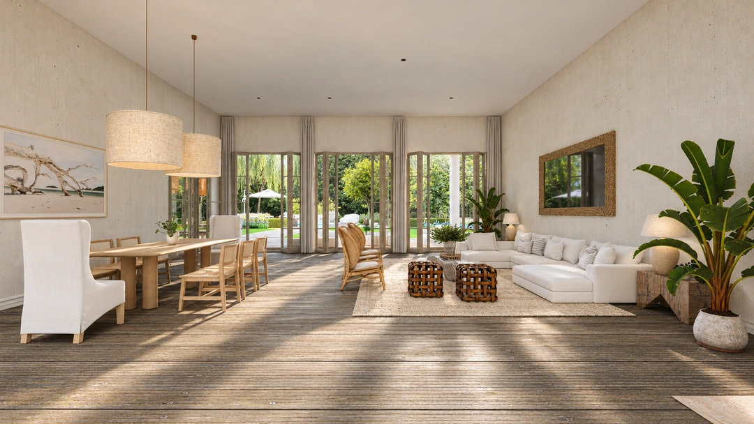 Living and dining areas beneath pendant lights — Rancho Palos Verdes, CA, Studio Dalika; project view 3