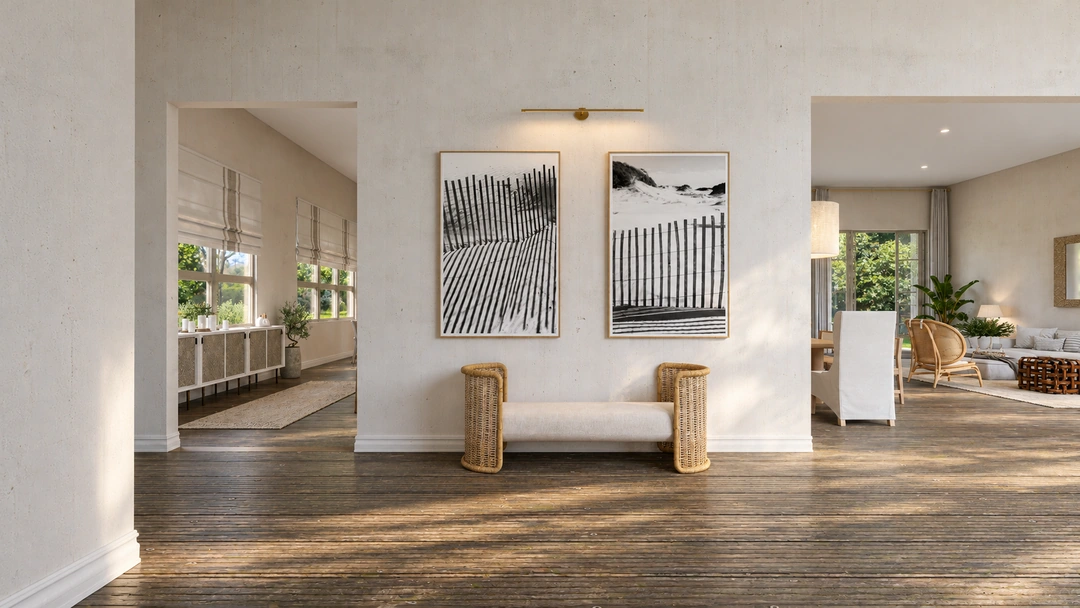 Tall entryway opening toward a living room — Rancho Palos Verdes, CA, Studio Dalika; project view 8