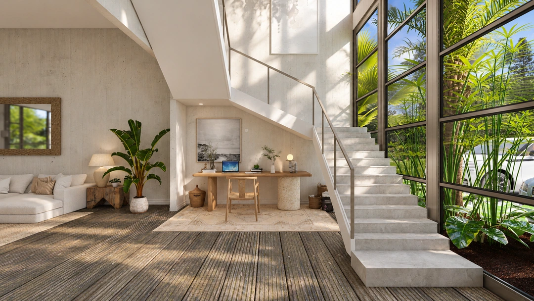 Double-height entry and open staircase — Rancho Palos Verdes, CA, Studio Dalika; project view 9