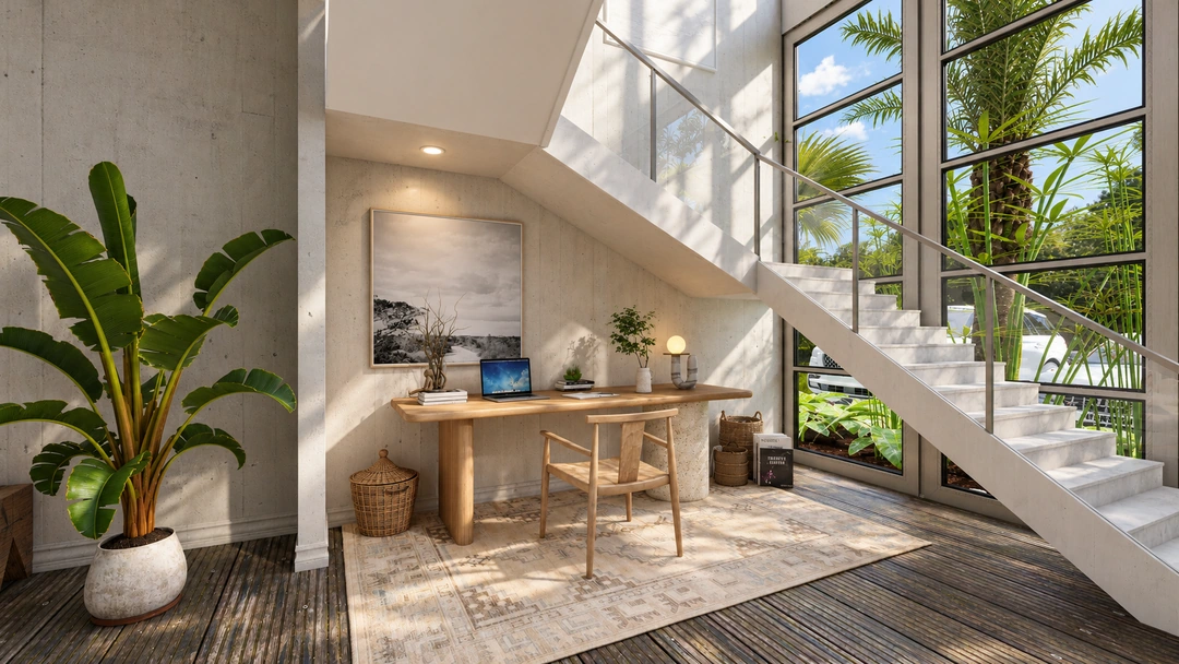 Entry console and staircase beside tall windows — Rancho Palos Verdes, CA, Studio Dalika; project view 10