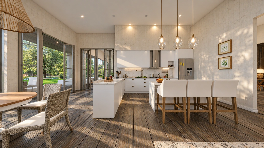 Open kitchen and dining area in daylight — Rancho Palos Verdes, CA, Studio Dalika; project view 11