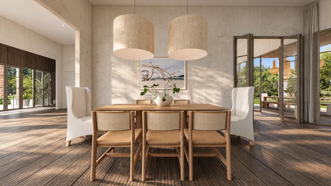 Small dining table beside garden-facing doors — Rancho Palos Verdes, CA, Studio Dalika; project view 12