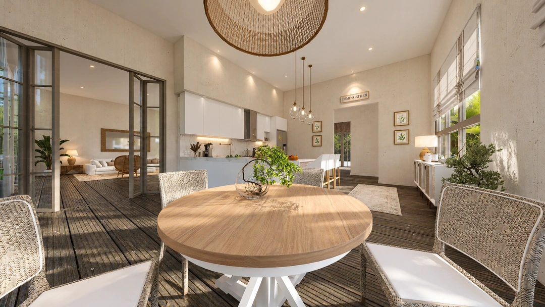Round dining table opening toward the kitchen — Rancho Palos Verdes, CA, Studio Dalika; project view 13
