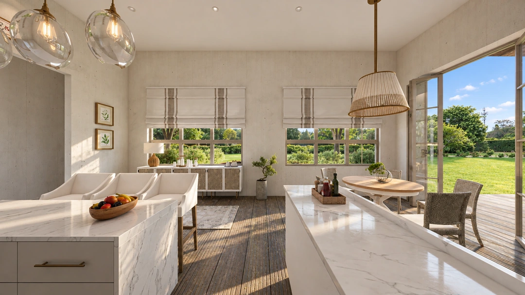 Open kitchen and island beside a dining table — Rancho Palos Verdes, CA, Studio Dalika; project view 14