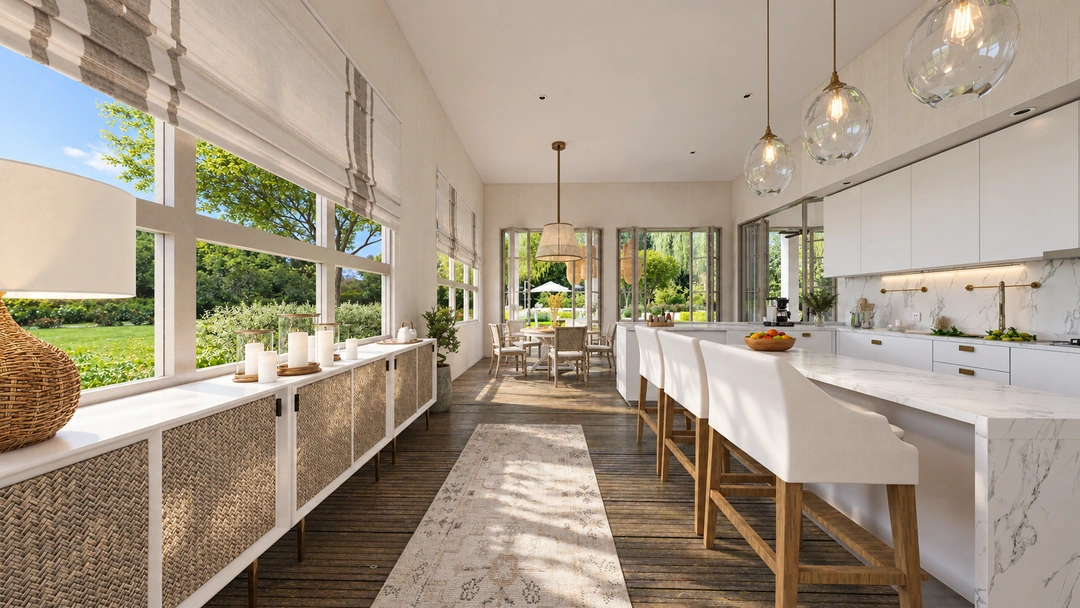 Kitchen island with stools in daylight — Rancho Palos Verdes, CA, Studio Dalika; project view 15