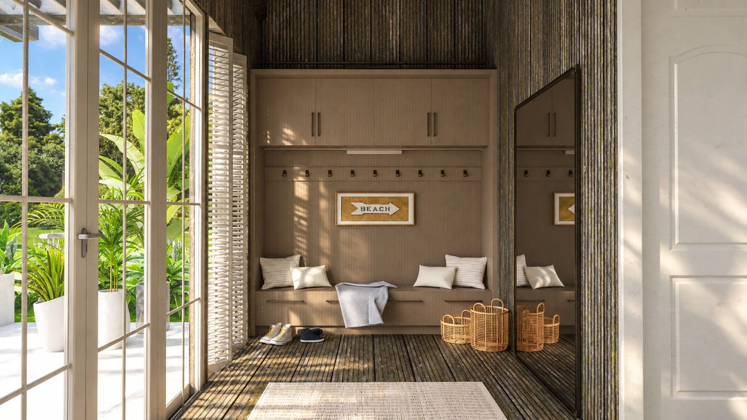 Tall entryway beneath a broad chandelier — Rancho Palos Verdes, CA, Studio Dalika; project view 16