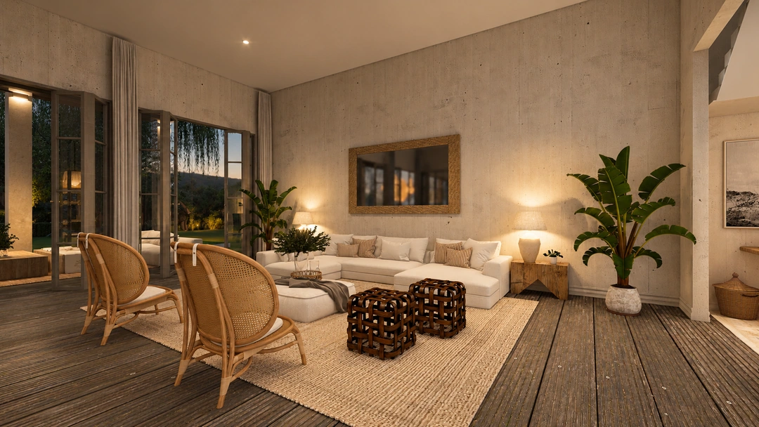 Living room with a television wall at night — Rancho Palos Verdes, CA, Studio Dalika; project view 17