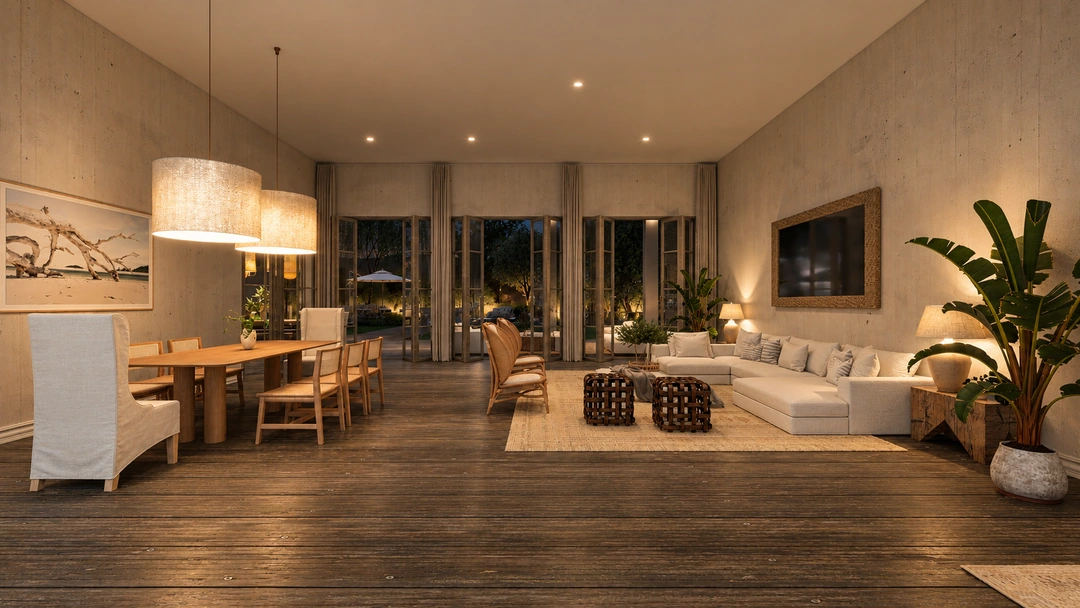 Open kitchen and living area at night — Rancho Palos Verdes, CA, Studio Dalika; project view 18