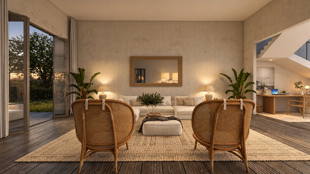 Lounge chairs and pale sofa at night — Rancho Palos Verdes, CA, Studio Dalika; project view 19