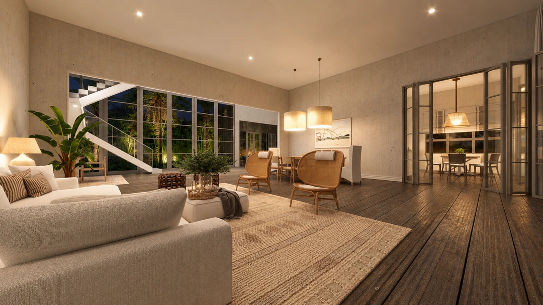 Living room and dining area at night — Rancho Palos Verdes, CA, Studio Dalika; project view 20