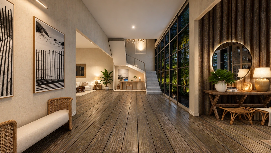 Long corridor beside tall glazing at night — Rancho Palos Verdes, CA, Studio Dalika; project view 21