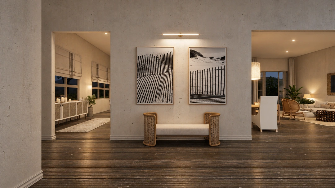 Double-height entry and seating area at night — Rancho Palos Verdes, CA, Studio Dalika; project view 22