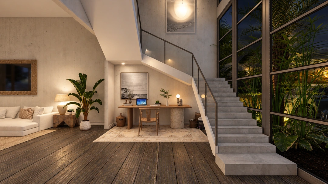 Timber dining furniture beside a staircase at night — Rancho Palos Verdes, CA, Studio Dalika; project view 23