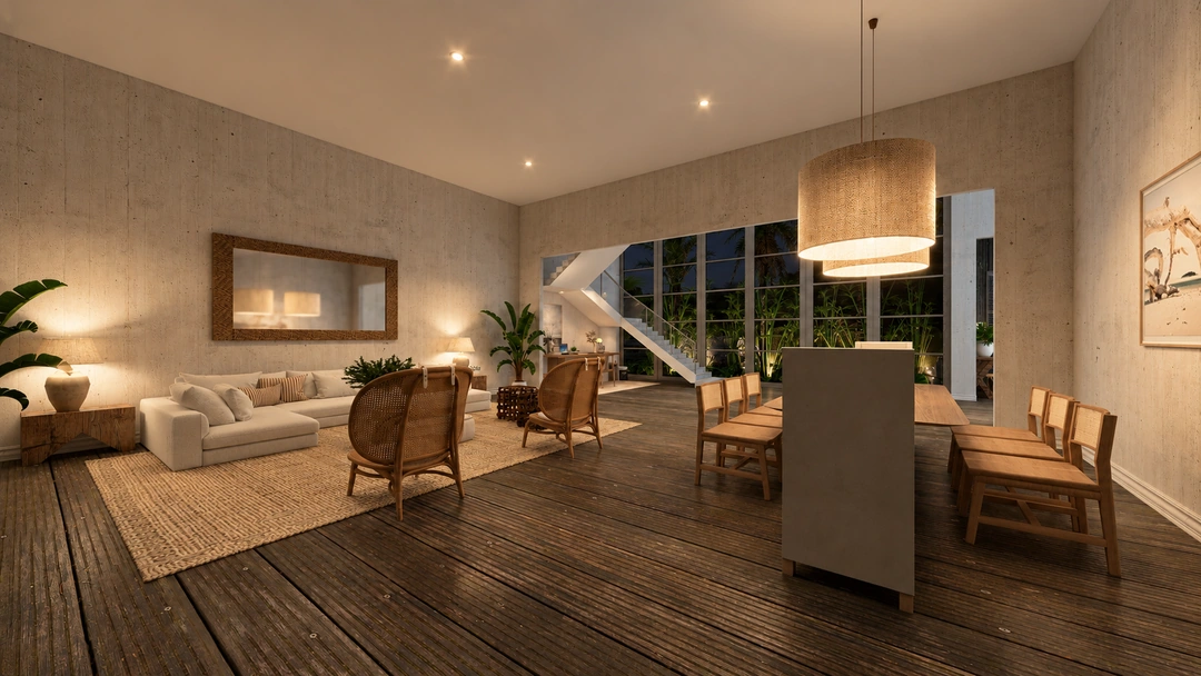 Open living room with pendant lights at night — Rancho Palos Verdes, CA, Studio Dalika; project view 25