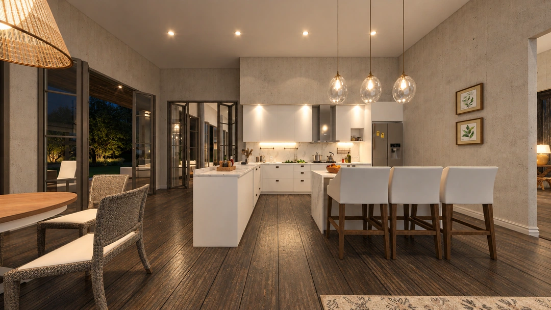 Kitchen and dining area with pendant lights at night — Rancho Palos Verdes, CA, Studio Dalika; project view 26