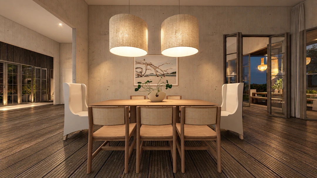 Dining table and kitchen island at night — Rancho Palos Verdes, CA, Studio Dalika; project view 27