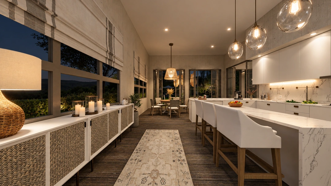 Kitchen island and open shelving at night — Rancho Palos Verdes, CA, Studio Dalika; project view 28